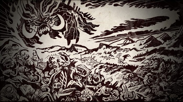 Brutal Legend monochrome drawing of a monster and army