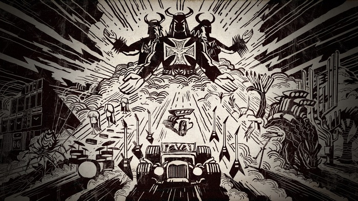 Brutal Legend monochrome drawing with hot rod and guitars