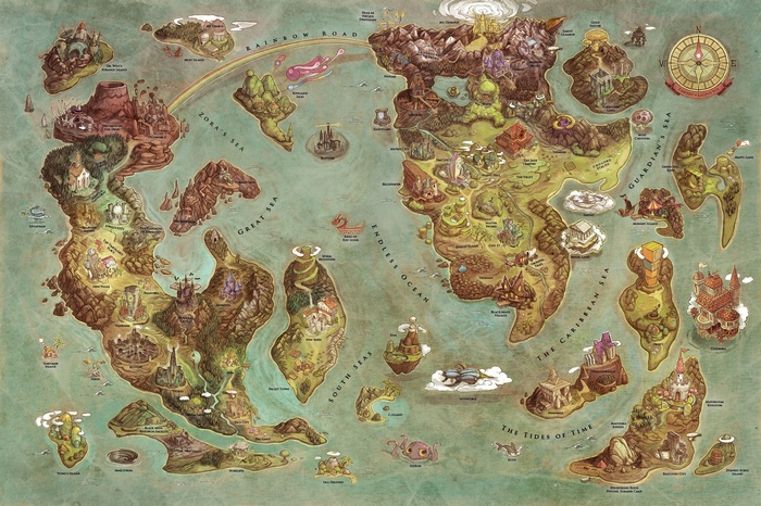 Map of a fantasy world with various islands and seas