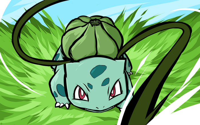 Bulbasaur in tall green grass with vines
