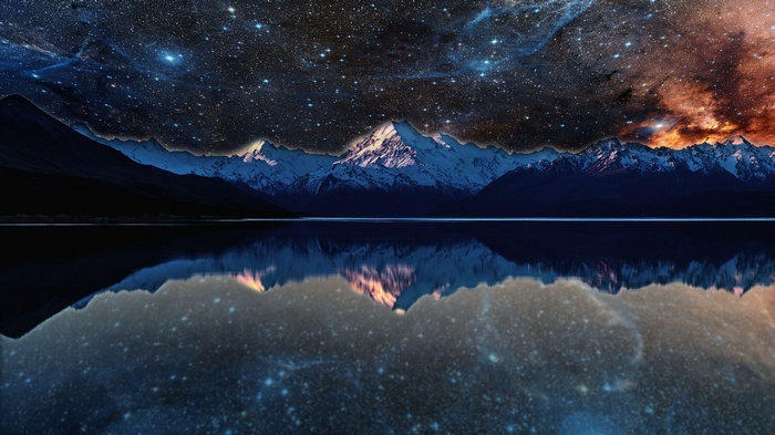 photo manipulation, nebula, lake, space, stars, reflection, water, evening