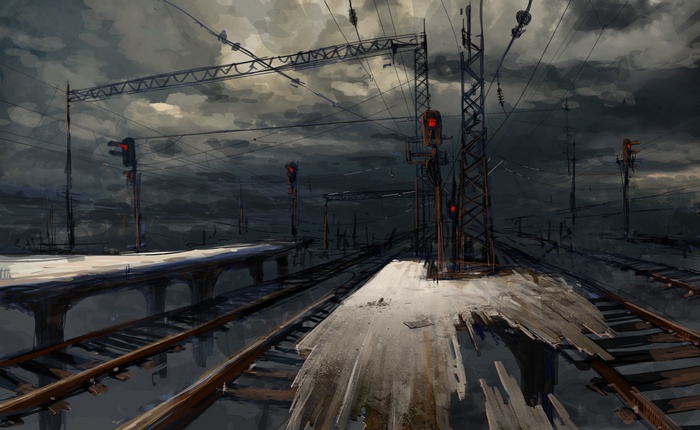 Artwork of a desolate train station with railway tracks
