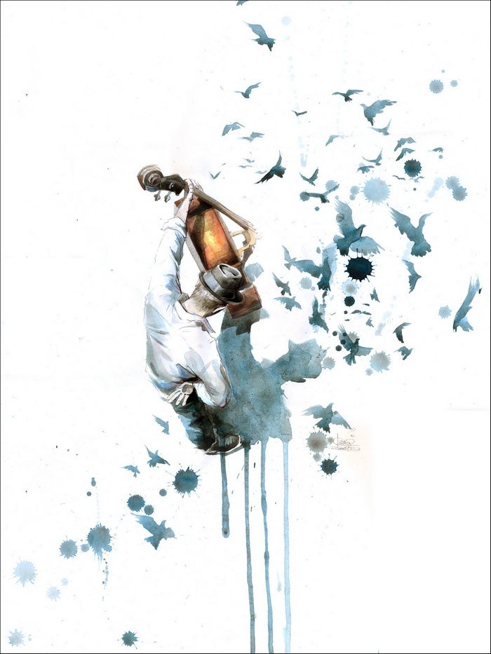 digital art, contrabass, minimalism, men, colorful, white background, hat, paint splatter, artwork, lora zombie, music, portrait display, simple, watercolor, classic art, painting, musician, oil painting, birds