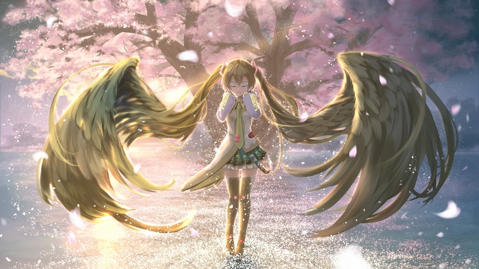 closed eyes, twintails, cherry blossom, wings, anime girls, thigh-highs, skirt, Hatsune Miku, Vocaloid