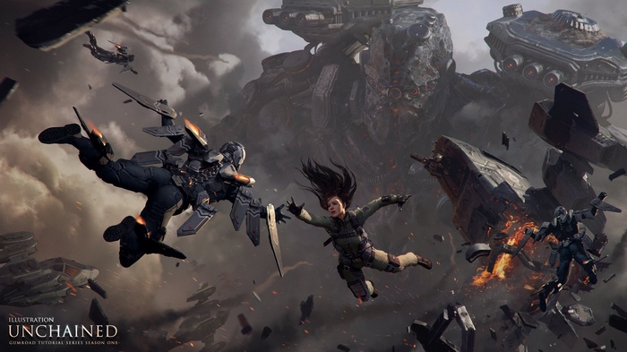 Science fiction battle with mechs and a woman