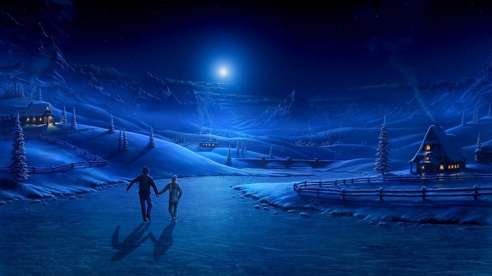 mountains, Moon, moonlight, people, snow, couple, frozen river, trees, ice, winter, house, bridge, night
