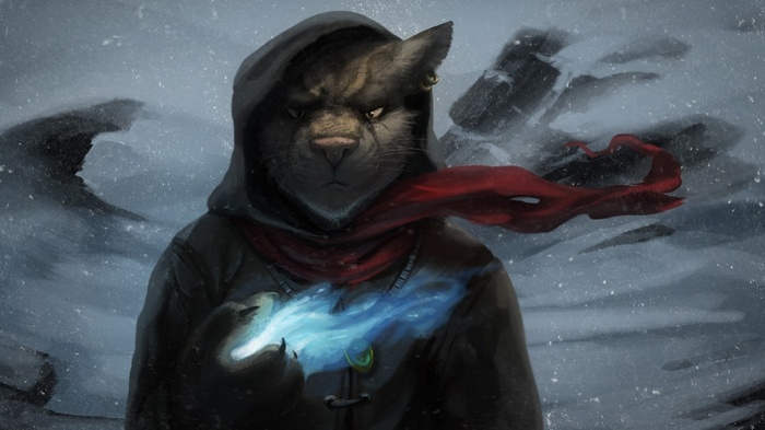 Furry character with magic in a snowy landscape