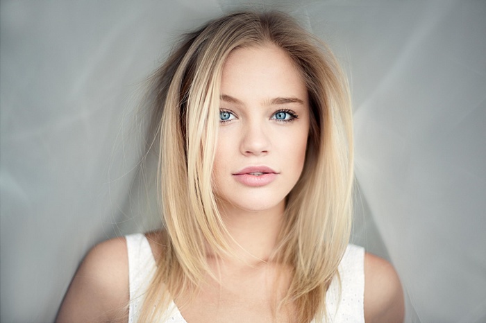 Portrait of a blonde woman with blue eyes