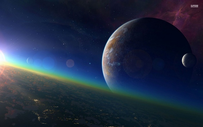 Planet and Moon in Space with Stars