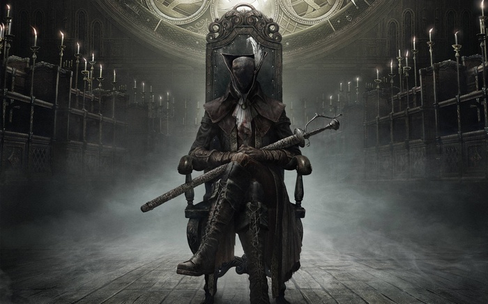 Bloodborne Hunter sitting on a throne with a sword