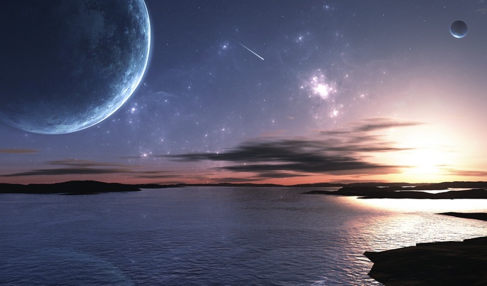 Alien planet with large moon and ocean at sunset