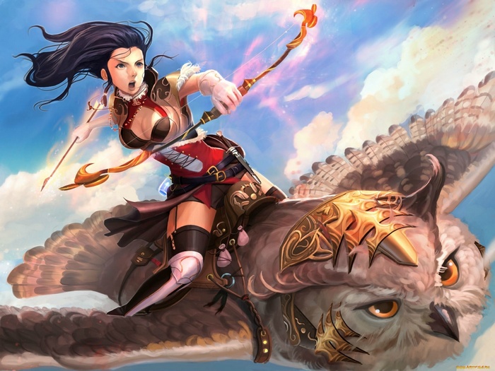 Anime girl riding an owl with a bow and arrow