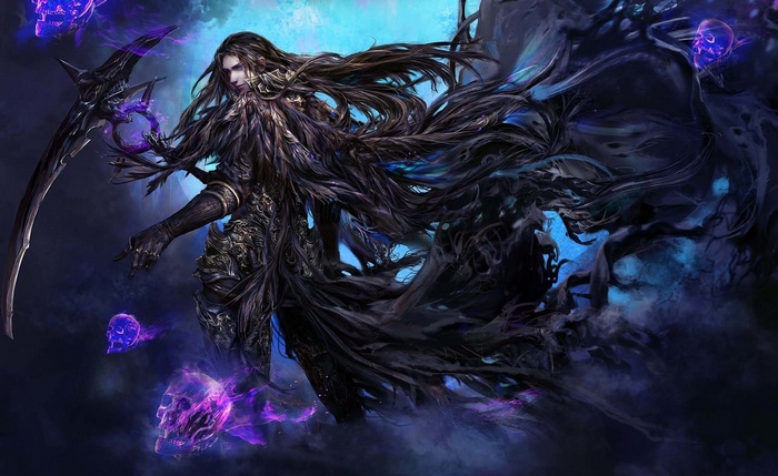 Dark fantasy character with scythe and skulls