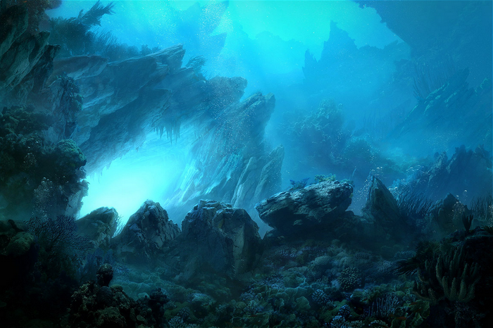 Underwater cave with rocks and coral