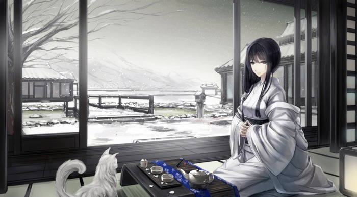 Anime girl in kimono with cat in snowy Japanese setting