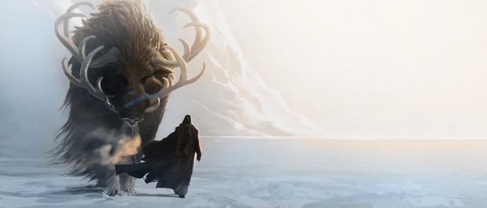 Fantasy creature and robed figure in a snowy landscape