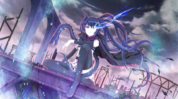 Black Rock Shooter with twintails in a ruined city