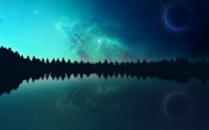 Planet and nebula reflected in a lake at night