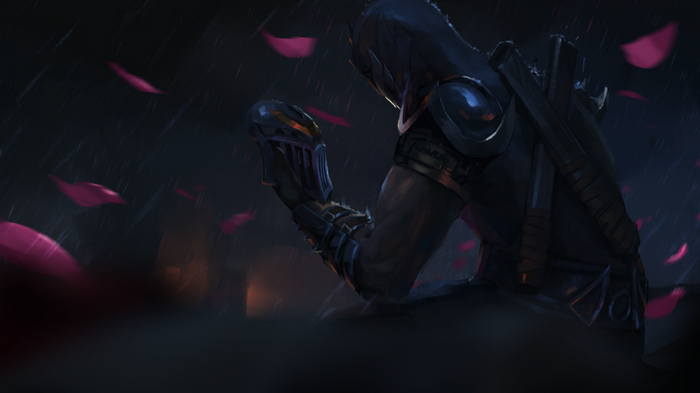 Shen holding a mask in the rain