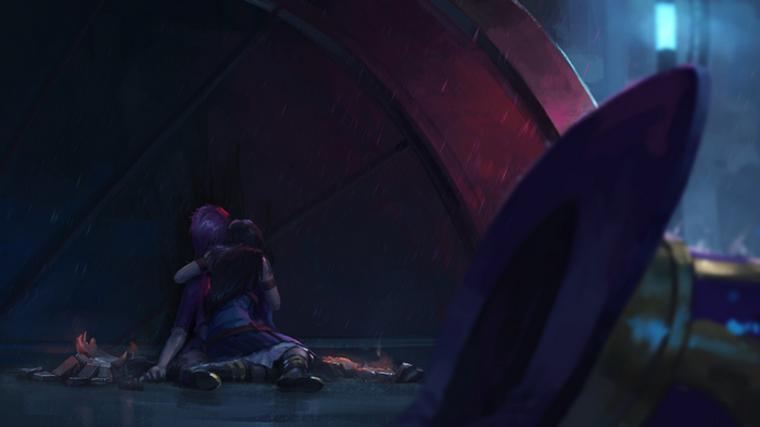 Caitlyn and Vi hugging in the rain