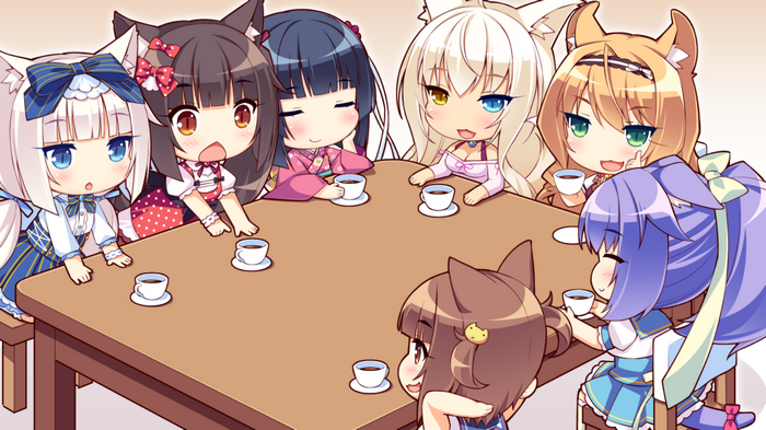 Neko Para characters gathered around a table with coffee