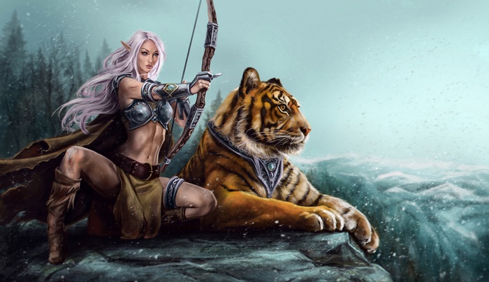 Fantasy elf archer with tiger in snowy forest