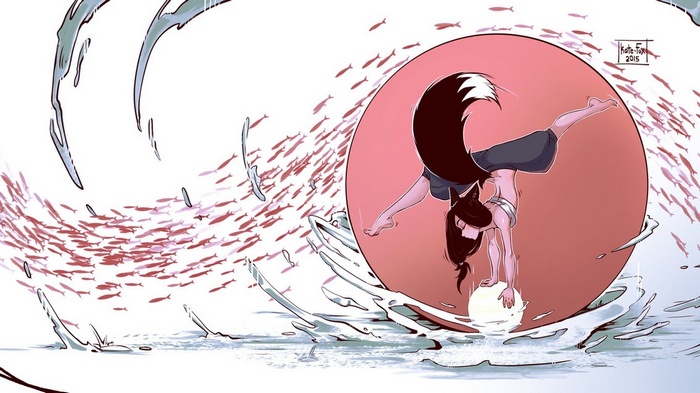 Fox girl doing a handstand in water with fish