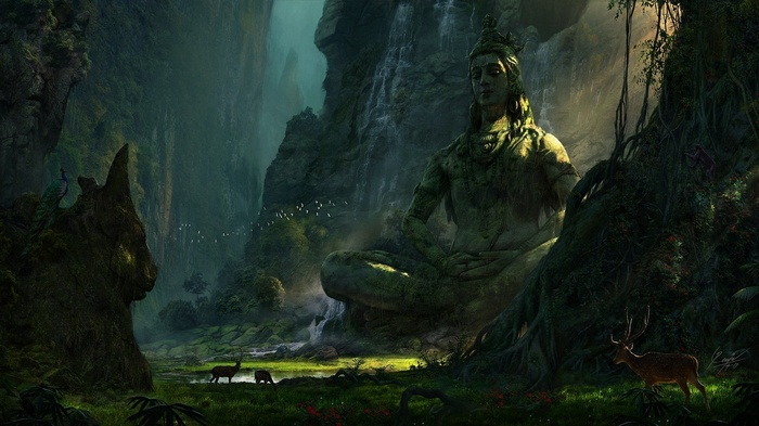 Giant Shiva statue in a lush jungle with waterfalls and deer