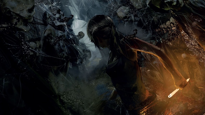Lara Croft with a knife in a dark cave