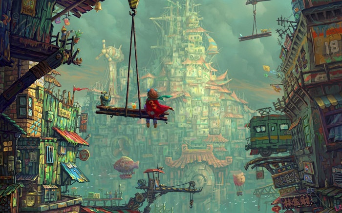 A girl on a swing overlooking a fantastical city