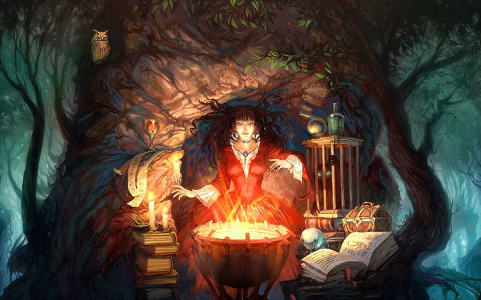 Witch in a forest with a cauldron