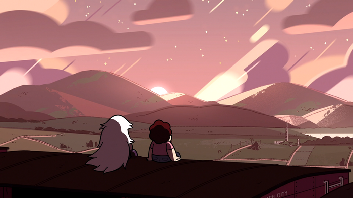 Steven Universe characters watch the sunset over mountains