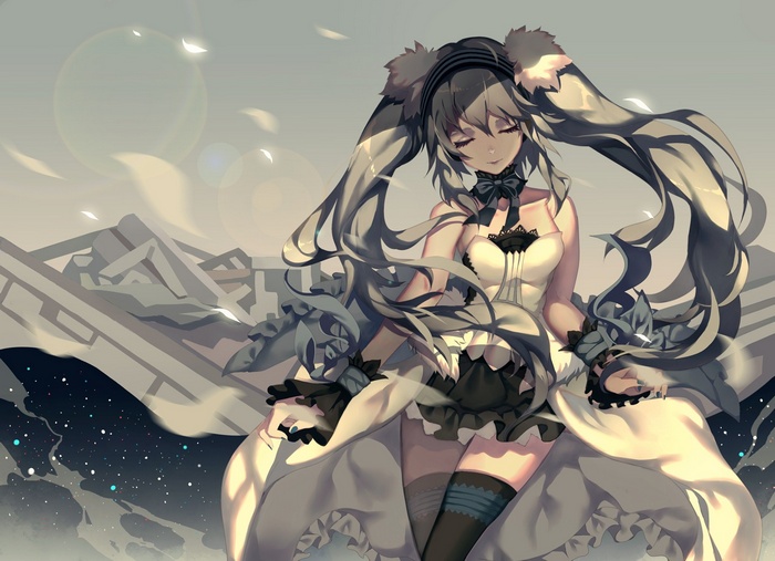Hatsune Miku in a white and black dress with twintails