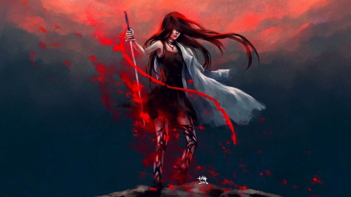Anime woman with a sword and red energy