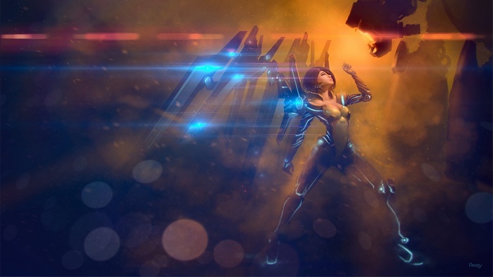 Robotic woman with mechanical wings in space