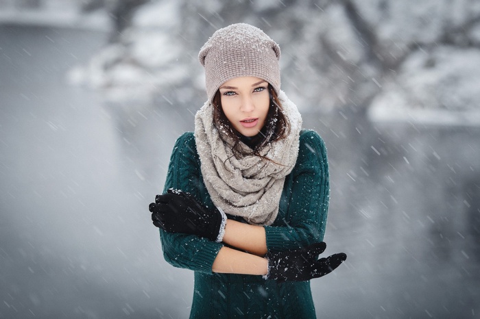 brunette, knit hat, winter, scarf, model, beanie, Angelina Petrova, depth of field, women, portrait, black gloves, Denis Petrov, women outdoors, snow, sweater