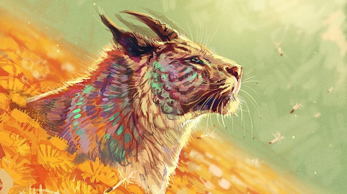 Anthro tiger with colorful feathers in a field of flowers
