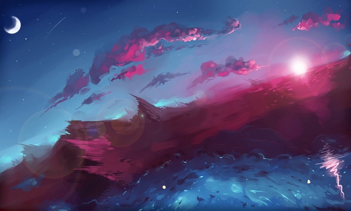 Fantasy art of a cosmic landscape with clouds and a moon