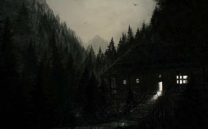 A dark, foreboding house in a dense forest