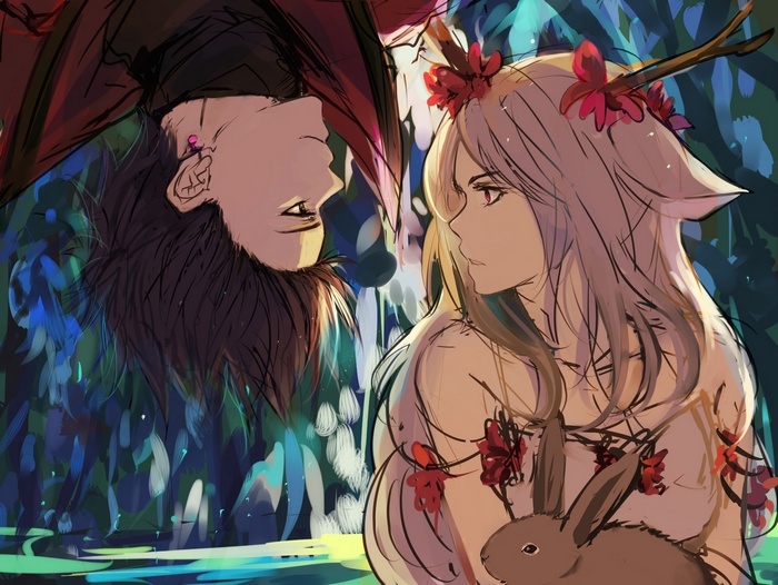 Fantasy art of original characters with antlers and rabbits