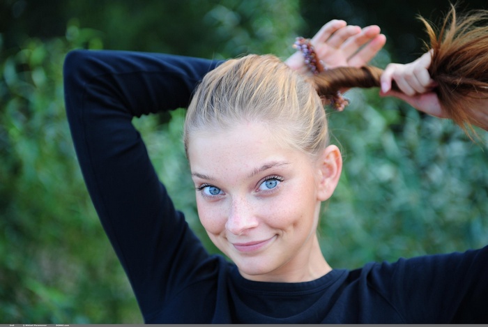 smiling, Indiana A, freckles, blue eyes, women, depth of field, ponytail, blonde