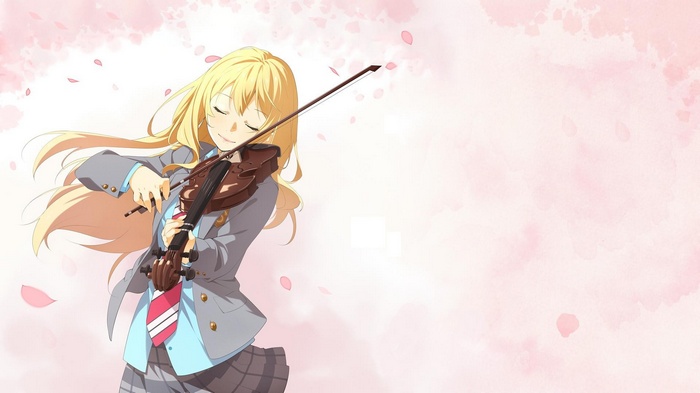 Miyazono Kaori playing the violin in a school uniform