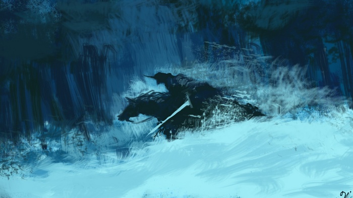 Abaddon riding a horse through a storm in Dota 2
