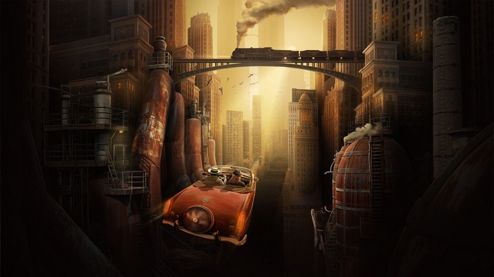 Couple in a classic car in a futuristic city with a train