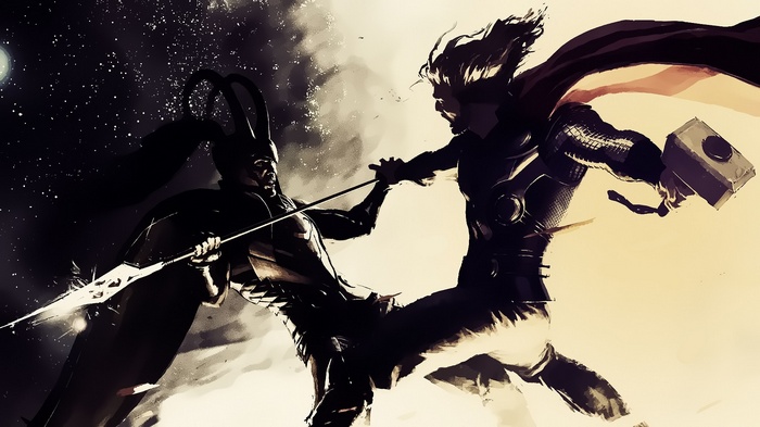Thor and Loki fighting in space