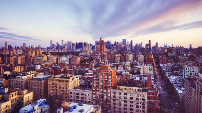 New York City Skyline at Dusk with Light Trails