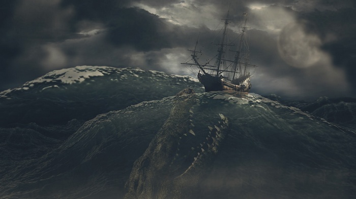 Sailing ship in a stormy sea with a sea monster