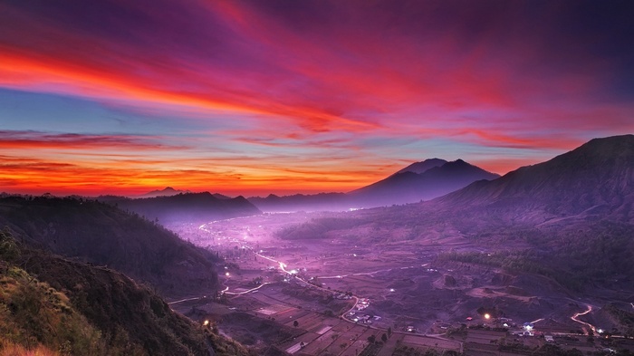 clouds, sky, village, lights, landscape, mist, mountains, valley, pink, Indonesia, nature, sunset