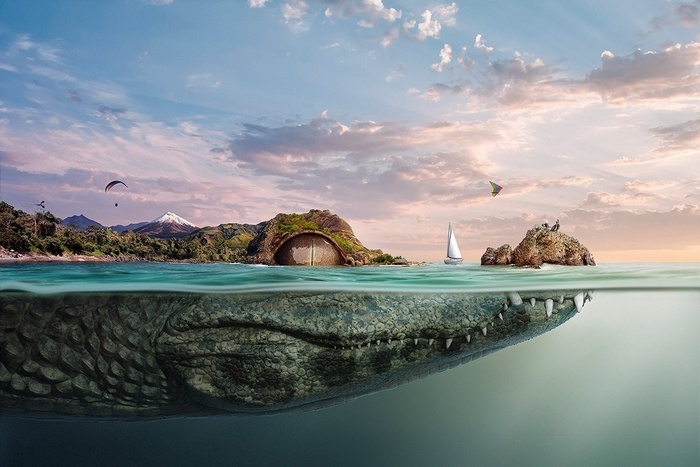 forest, island, horizon, trees, landscape, Tourism, house, snowy peak, digital art, surreal, sailing ship, crocodiles, animals, underwater, Ecuador, nature, birds, parachutes, eyes, water, mountains, clouds, photo manipulation