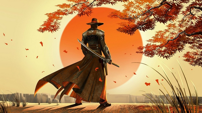Samurai with katana in front of the sun